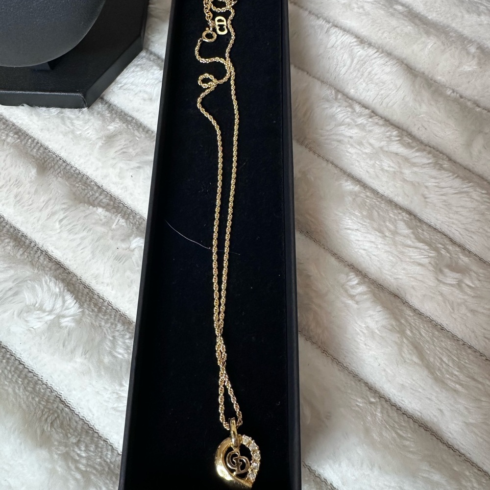 Christian Dior Gold CD Heart Pendant‎ Necklace w/ Crystals 15–17” - Picture 2 of 5